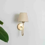 Modern Brass Wall Sconce With Linen Shade - Curved Arm Contemporary Lighting. Fixed Price $100.00.