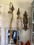 Hollywood Regency Crystal Swag Wall Sconces Pair French Empire Brass Lamp Lights. Fixed Price $275.00.