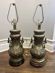 Set (2) James Mont Style Cast Bronze Pagoda Lamps Asia Chinoiserie Dragon. Fixed Price $1400.00.