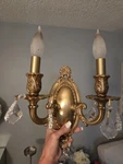 French Golden Teak Crystal Dining Bathroom Wall Sconce Light Fixture. Fixed Price $195.00.