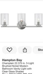 Hampton Bay Champlain 3-LIGHT Modern Bathroom Vanity W/ Clear Glass Shades. Fixed Price $29.99.