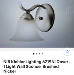 Nib Kichler Light 6719NI New Box Dover Wall Sconce Brushed Nickel B13. Fixed Price $25.00.