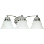 Satco 3-LIGHT 20.5 In. Polished Chrome Vanity Light, Alabaster Glass Bell Shades. Fixed Price $27.43.