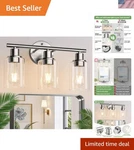 Energy Efficient Brushed Nickel 3-LIGHT Vanity Fixture With Glass Shades. Fixed Price $95.99.