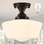 Schoolhouse Light Fixture, 12'' Mid Century, Milk Glass, Semi Flush Mount Cei.... Fixed Price $127.65.