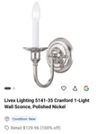 Livex Lighting Cranford 5141-35 Wall Sconce Polished Nickel Indoor. Fixed Price $49.99.