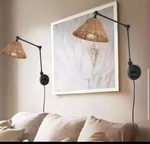 Wingbo Wall Sconce, Swing Arm, Plug-in, Black Metal, Rattan Shade, **2 Pack**. Fixed Price $59.99.
