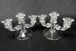 Pair Of Cambridge Glass Candle Holders, Three-sconce, Fleur-de-lis Pattern #1307. Fixed Price $29.95.