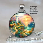 Seaside Coastal Watercolor Art Silver Jewelry Necklace Set. Fixed Price $16.99.