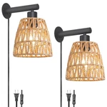 Boho Plug In Wall Sconce Set Of 2 Black Farmhouse Lights With Ratta. Fixed Price $70.46.