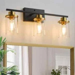 Goyeel 23.62 In. 3-LIGHT Black & Gold Vanity W/ Cylinder Glass Shade. Fixed Price $37.95.