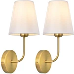 Antique Brass Hardwired Wall Sconce Set Of 2 - Gold Finish With White Fabric .... Fixed Price $62.01.