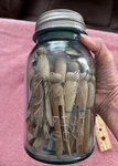 Vtg Aqua Perfect Mason Jar #2 Wth Milk Glass Zinc Lid , Clothes Pins. Fixed Price $50.00.