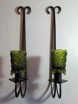 Vtg Mcm Wrought Iron Candle Wall Sconce Pair Avocado Green Glass 16". Fixed Price $45.00.