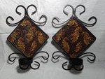 Pair Elements Metal Wall Sconce Candle Holders Amber Mosaic Glass Diamond Scroll. Fixed Price $22.11.