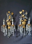 Vintage Italian Pair Wall Lights Sconces Metal & Crystal Gold Color 2 Arms. Fixed Price $398.00.
