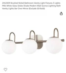 Brushed Nickel Bathroom Vanity Fixture 3 Lights Milk White Glass Globe. Fixed Price $45.00.