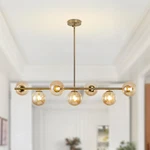 Mid-century Modern Brass 7-LIGHT Chandelier With Amber Glass Globes. Fixed Price $266.99.