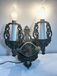 Vtg Mid-evil Gothic Cast Iron Electric Wall Sconce Chapman Two Candle Light Lamp. Fixed Price $145.00.