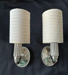 Pair Urban Archaeology Paris Chrome Wall Sconces Off White Pleated Shade. Fixed Price $950.00.