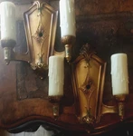 Antique Art Deco Gold Tone 2-LIGHT Wall Sconce Pair W/ Candle Sleeves Hardwired. Fixed Price $88.00.