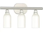 Three Lamp Vanity Fixture Light Brushed Nickel White Glass Monument 2479607. Fixed Price $22.00.