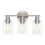 Uixe 17 In. 3-LIGHT Brushed Nickle Bathroom Vanity With Clear Glass Shades. Fixed Price $44.99.