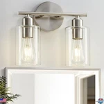 2-LIGHT Brushed Nickel Vanity Fixture, Modern Glass Shade Wall Sconce. Fixed Price $50.92.