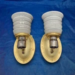 Pair Nickel And Raw Brass Sconces Rewired With Shades 28D. Fixed Price $612.50.