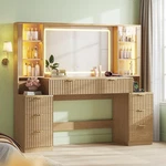 Big Vanity Desk Fluted Wood Makeup Mirror Sound Sync Led Lights Dressing Table. Fixed Price $469.95.