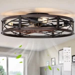 Rustic 24" Caged Flush Mount Ceiling Fan With Light & Remote For Bedroom, Brown. Fixed Price $314.99.