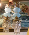 Pr Vintage Sconce Lamp Murano Blue Opaline Glass Bronze Brass Crystal With Beads. Fixed Price $1299.00.