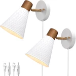 White Plug In Wall Sconces Set Of 2, Modern Light With Cord, Wooden. Fixed Price $125.99.