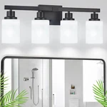 Matte Black 4-LIGHT Bathroom Vanity With White Glass Shade Sconces. Fixed Price $100.99.